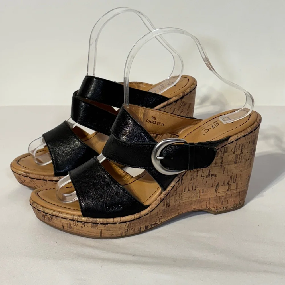b.o.c. Black Tan Wedge Sandals Adjustable Straps Leather Women’s Size 9 Strappy